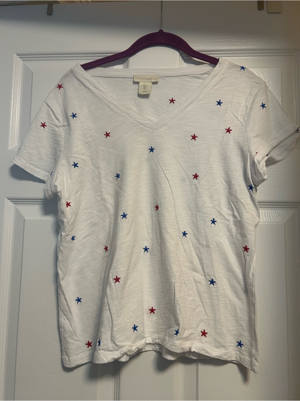 Cynthia Rowley White V-Neck Tee with Red & Blue Star Embroidery